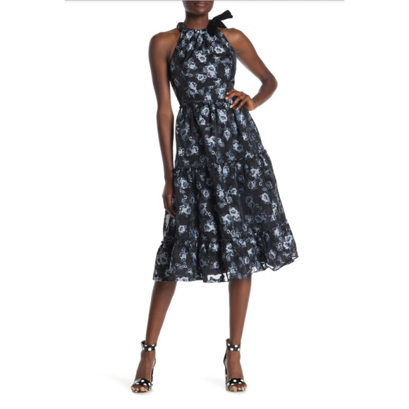 kate spade Dresses & Skirts - Kate Spade Tier Dress Prairie Rose Print Velvet Tie Midi Black Blue Sz 4 Ruffle